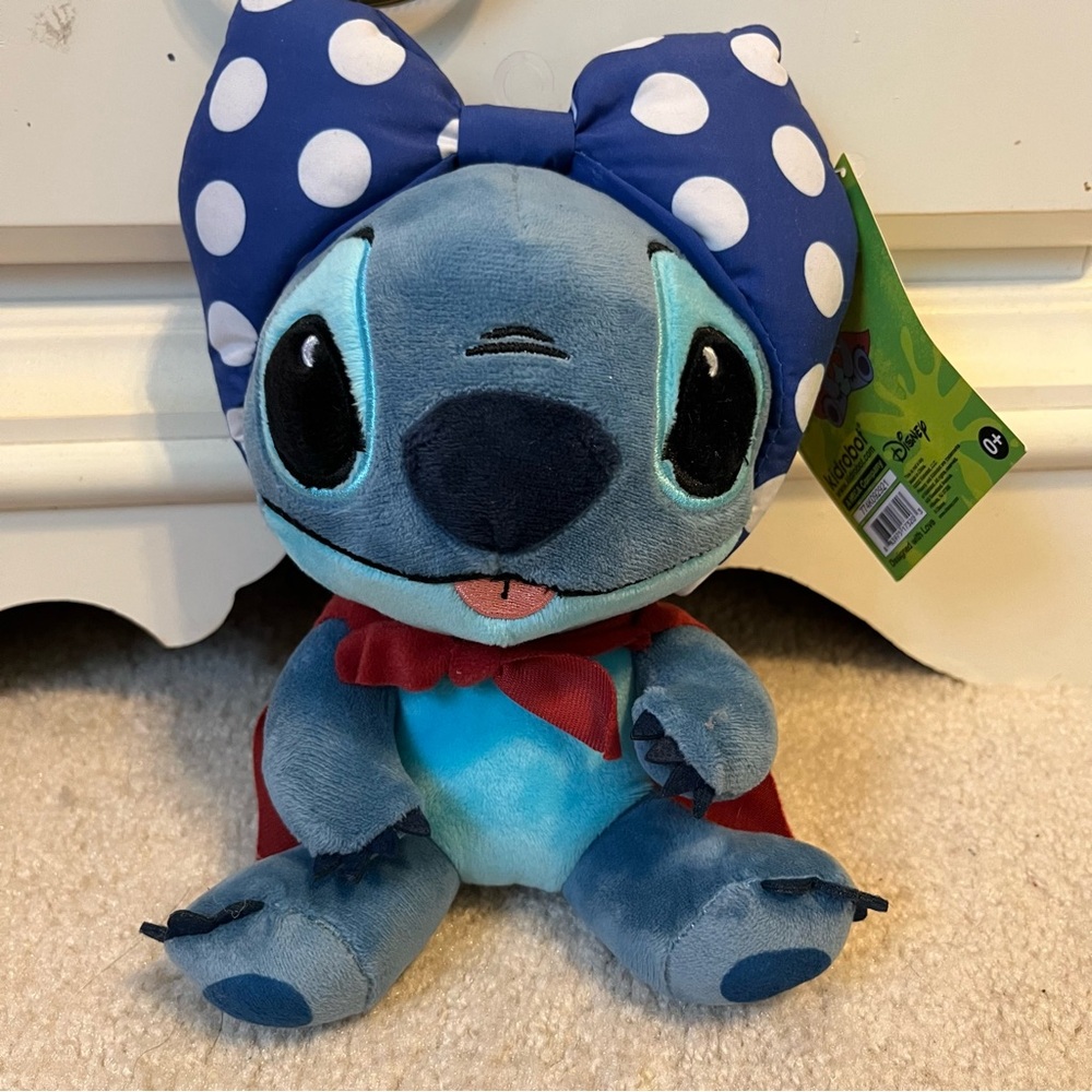 Disney Stitch Plush with Blue Polka Dot Bow and Red Cape